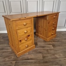 Vintage Solid Wood Pine Twin Pedestal Writing Office Desk Drawers Dressing Table