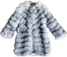 Real SAPPHIRE FROST FOX FUR Coat SILVER Blue  Grey White Long PLUSH S/M 10