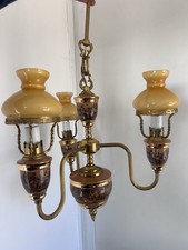 Vintage Brass Chandelier Amber Glass Shades Hand Painted Porcelain Hunting Scene