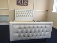 NEW OTTOMAN WHITE FAUX LEATHER DIAMOND BED FRAME DOUBLE & KING SIZE