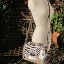leather HANDBAG zebra stripe + taupe Italian made Sienna de luca bag xbody bnwt
