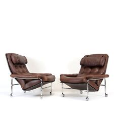 1 of 2 Retro Vintage Chrome & Leather Lounge Easy Chair Armchair Danish 1970s