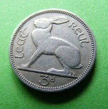 1962 Ireland Threepence Coin Bunny Rabbit Celtic Harp Old Vintage Irish 3d Eire