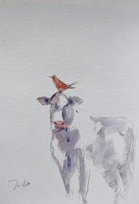 JOSE TRUJILLO Watercolor Painting Collectible ORIGINAL Cow Bird Signed