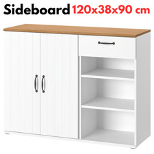 SKRUVBY White Sideboard Cabinet with Drawer and Shelves Oak Effect Top Unit