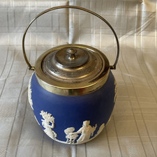 Antique Wedgwood Jasperware Biscuit Barrel. Colbalt Blue Art Deco Lid Ex/con 