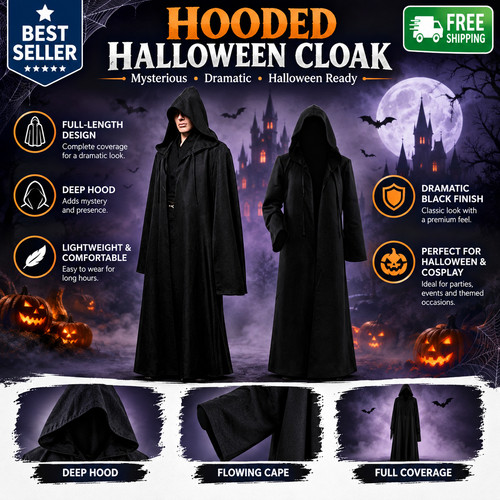 Halloween hooded cloak black - hooded,