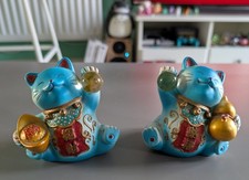 Vintage 2" Blue Lucky Cat Set