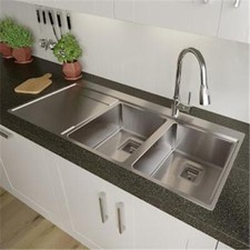 2 Bowl Square Inset Stainless Steel Kitchen Sink Left Hand Drainer Silver