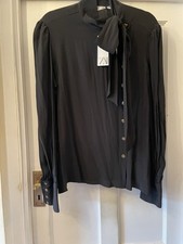 New Zara Collection Black Silk Mix ‘Hearts & Buttons’ Pussy Bow Shirt Blouse,L