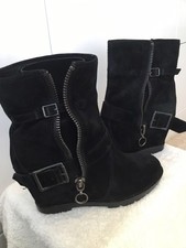 Italian Designer Ash Black Suede Leather Mock Zip Wedge Ankle Boots UK 4 EUR 37