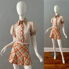 Vintage 60s 70s Plaid Mod 2 Pc Crop Mini Skirt Set Dress XS