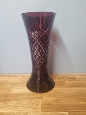 Vintage Large Crystal Glass Vase  Bohemian Cased Ruby Red Overlay Cut Glass
