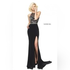 Sherri Hill Formal Prom Dress 50959 Black Sheer Beaded Side Slit Open Back 12