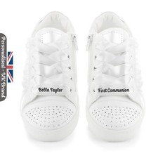 Girls Communion Trainers Shoes Personalised Pumps Flats Wedding Satin Lace White