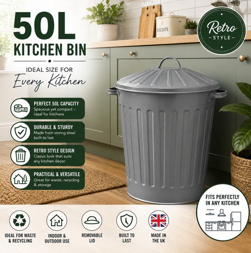 50l grey metal bin - grey,