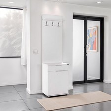White Hall Stand with Drawer Storage Cabinet Hooks Entryway 