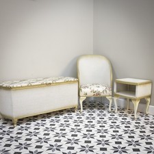 Lloyd Loom Ottoman Bedside Table and Chair Matching Set in White and Gold