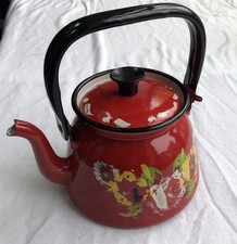 Vintage Painted Enamel Tea Pot Kettle Kitchenalia Folk Art Canal Bargeware