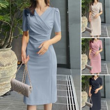 Women Puff Sleeve V Neck Midi Dress Ladies Formal Evening Party OL Work Dresses