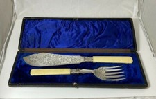 Large Electroplated Silver Plated Fish Servers Fork Knife Boxed Serving Engraved