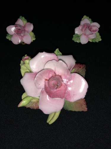 Bone china brooch - and, earrings