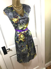 Fee G Silver Grey & Multicoloured Cotton & SILK Dress, UK 12, Great Condition