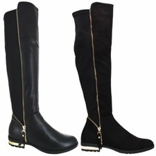 WOMENS LADIES NEW STRETCH OVER THE KNEE BOOT GOLD ZIP LOW HEEL SHOES BOOTS SIZE