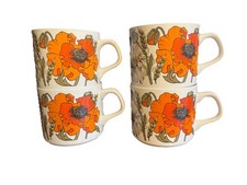 J & G Meakin Ceramic Poppy Print Set of 4 Mugs Cups Tea / Coffee Floral Vintage