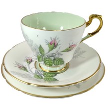 Paragon TRIO Fine Bone China Tea Cup Saucer & Dessert Dish Rose Buds Lt Green