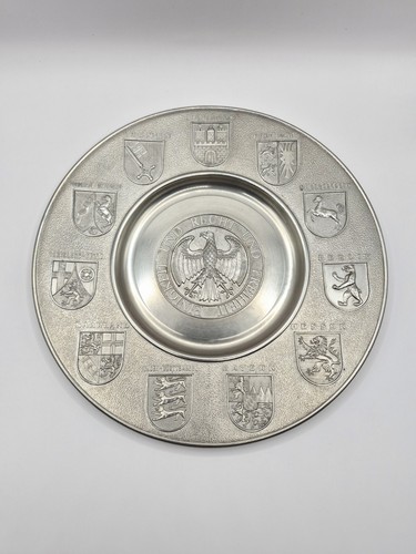 1980s pewter plate rein - plate:,