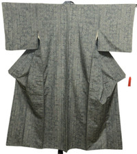 Japanese Vintage Kimono Pure Grey Blue Tsumugi Expensive Tradition Height 61.4in