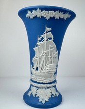 Blue Jasperware Style Fluted Vase Galleon Ship Relief 5in No 5159 VTG Unmarked