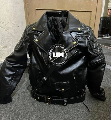 Men black leather biker - leather,