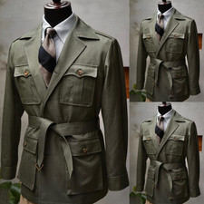 Green Men Safari Jackets with Belt Multi Pockets Outdoor Sport Wear Hunting Coat