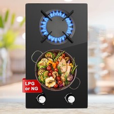 SNDOAS 2 Burners Gas Hob Kitchen Built in Cooktop Black Glass NG/LPG Dual Fuel