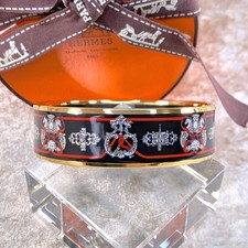 Vintage Hermes Paris Bangle Bracelet Black Red Enamel Horse Gold Rim 65 with Box