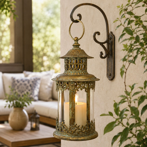 Metal gold lantern glass - lantern,