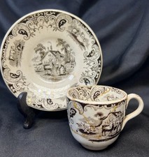 J & R GOODWIN STAFFORDSHIRE 19TH C SMALL SAUCER & CUP LOT "GOAT" PATTERN