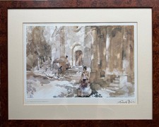 Signed print by Sir William Russell Flint Framed 'Gypsies outside a church'.