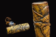 Era Netsuke bamboo carving, Rain Dragon design, Inro Sagemono