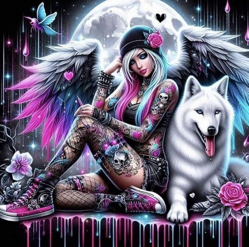 Gothic punk girl wolf 5d - girl,