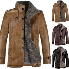 Winter Warm Mens Pu Leather Fleece Fur Lined Thicken Overcoat Trench Coat Jacket