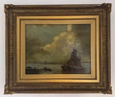 Antique oil painting on panel seascape nautical fishing ships framed signed