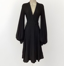 Vintage Ossie Clark Couture Black Moss Crepe Cuddly Dress UK 6-8 XS Midi 1972