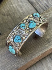 Heavy Vintage NAVAJO Sterling Silver TURQUOISE Feathers Cuff BRACELET 44g 7”