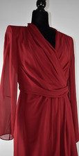 New Max Mara Size 10 Galizia Dark Red V Neck Ruched Flowy Long Sleeve Silk Dress