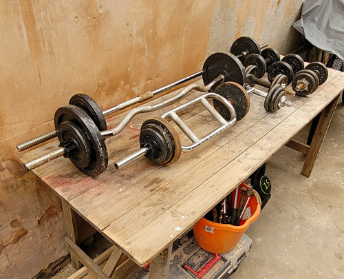 Weights and bench barbell - and, bench.