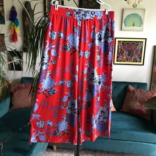 G.I.L.I. size L Petite Red & Blue Floral Stretch Jersey Wide Leg Palazzo Pants