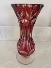 Bohemia Red Cut Glass Vase, Exquisite Vintage Pedestal Crystal, Delicate 21B